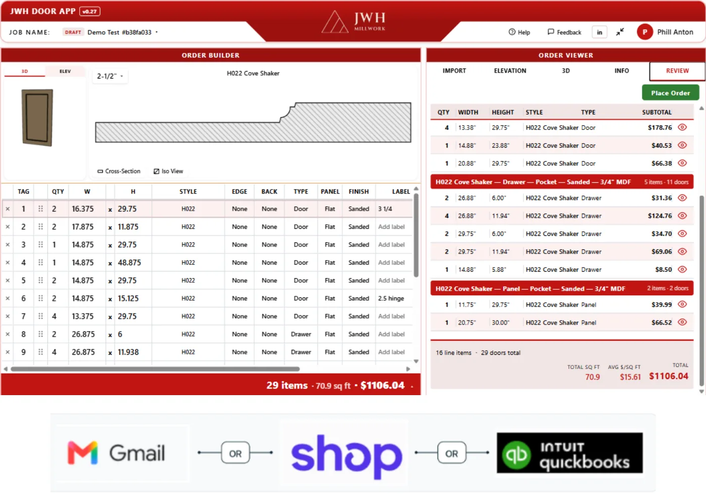 Order grid with live per-door pricing