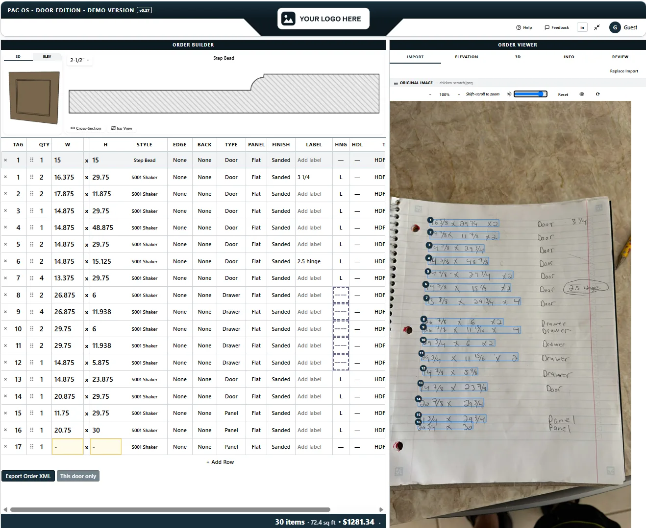 Import a door order from PDF, photo, voice or pasted text