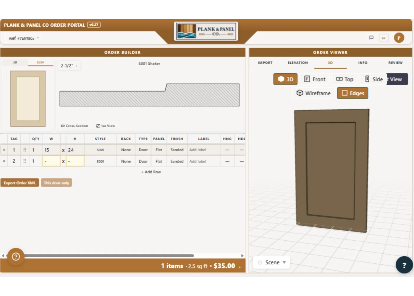 The full order builder beside the 3D viewer